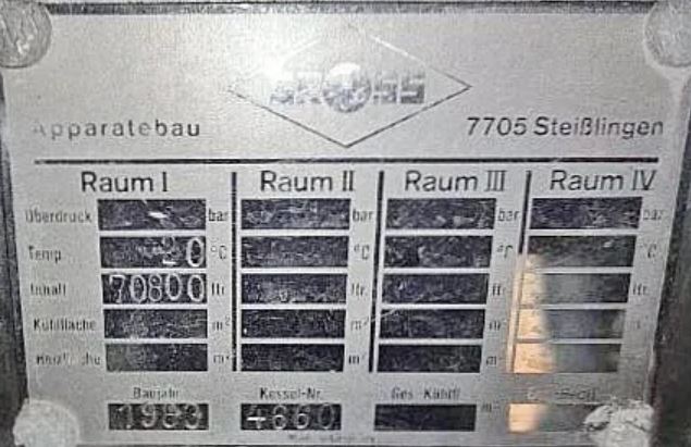 Behälter 70.800 Liter aus V2A einwandig, gebraucht