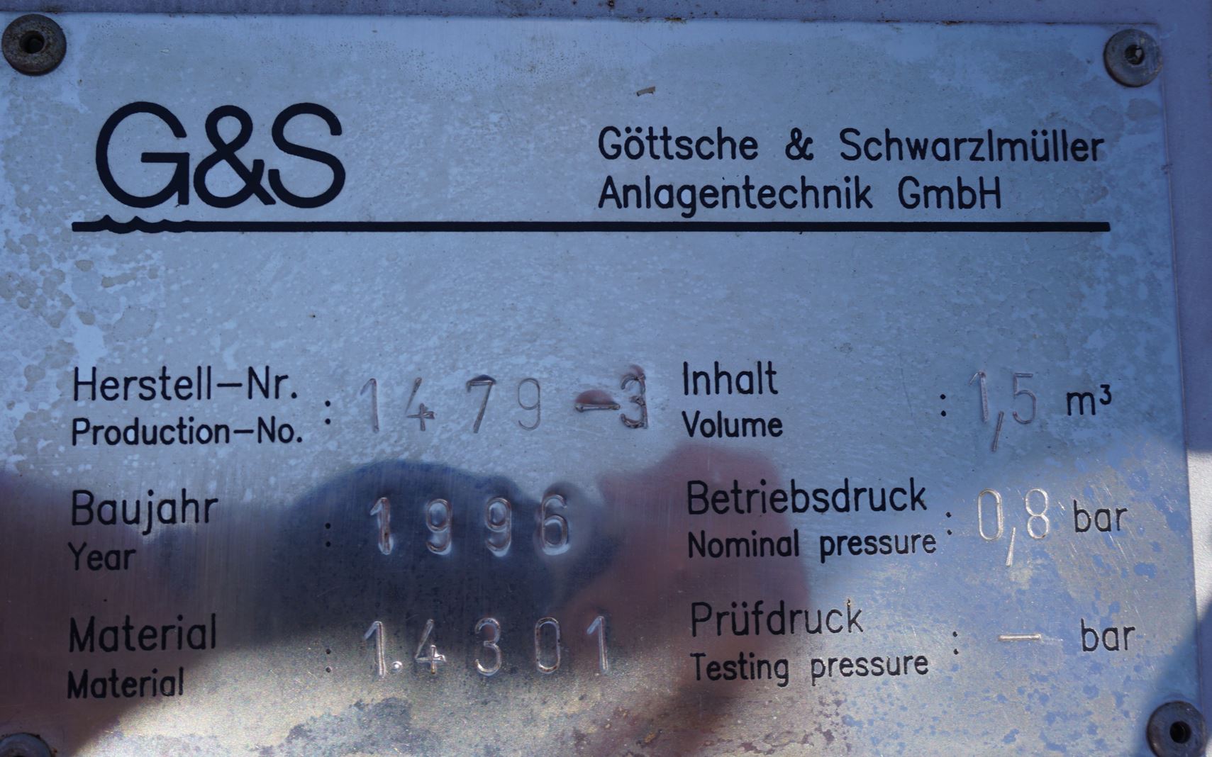 Druckbehälter 1.500 Liter aus V2A einwandig, gebraucht
Bauform: stehend