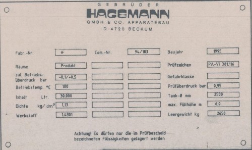 Behälter 30.000 Liter aus V2A, einwandig, spez. Gew. 1,13 kg/l, gebraucht
