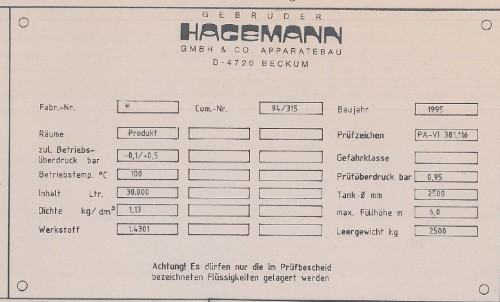 Behälter 30.000 Liter aus V2A, einwandig, spez. Gew. 1,13 kg/l, gebraucht
